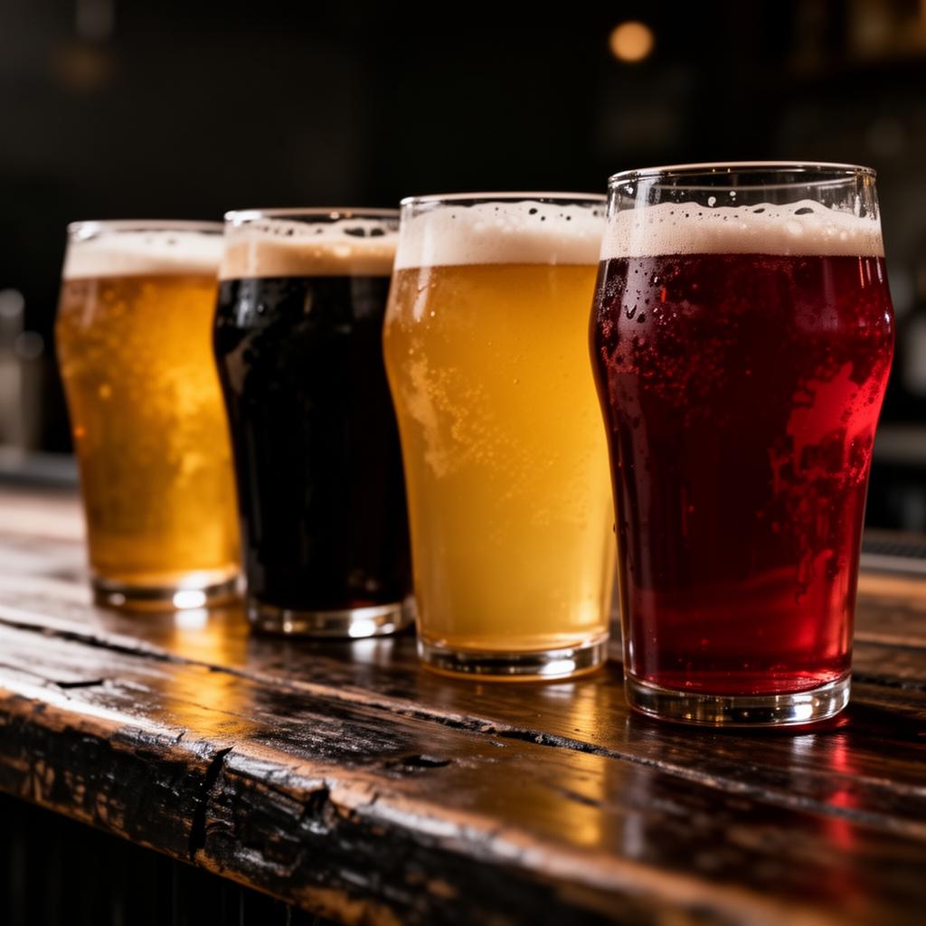 A flight of four craft beers on a wooden bar