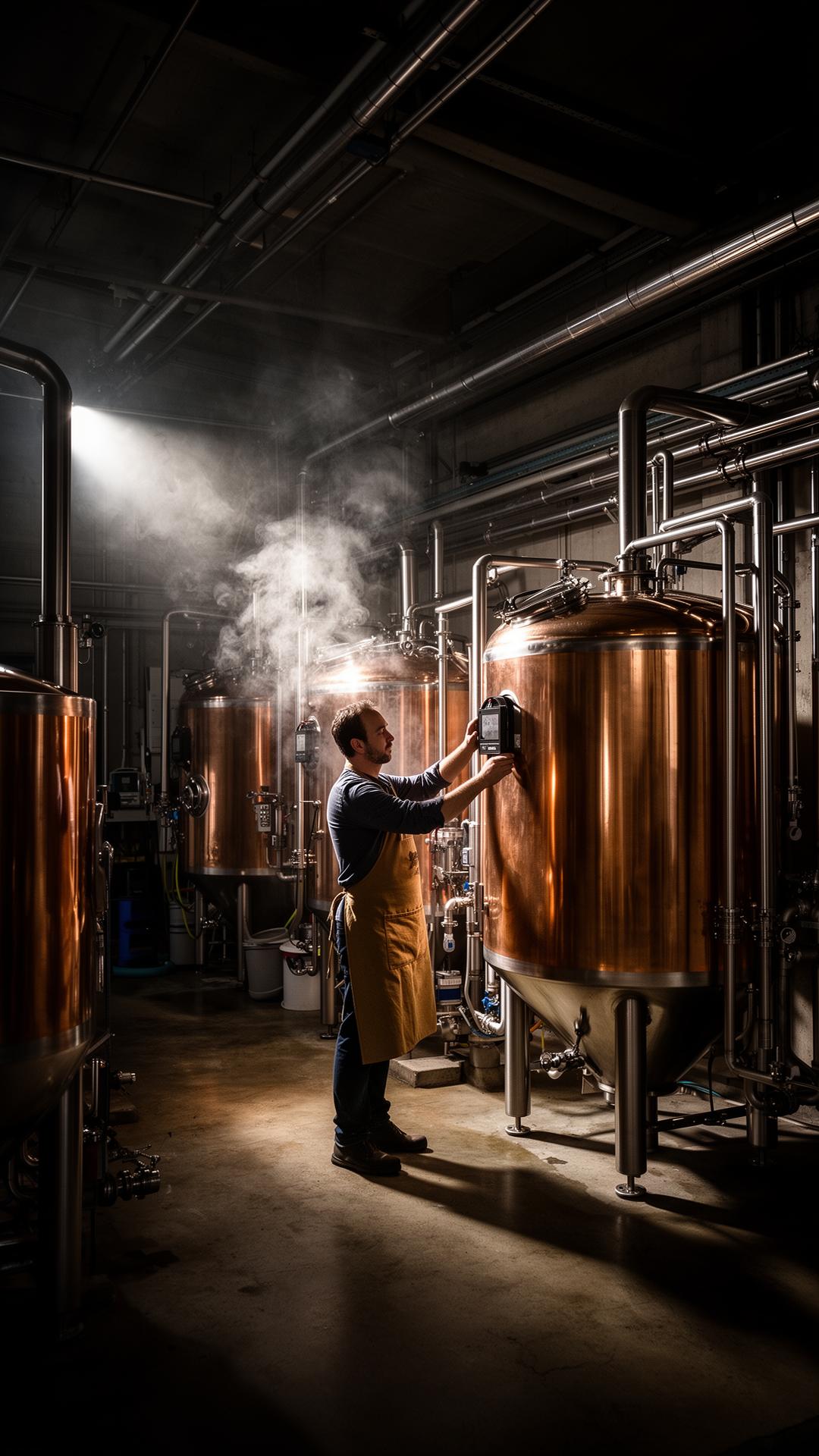 Brewer working between copper and steel fermentation tanks