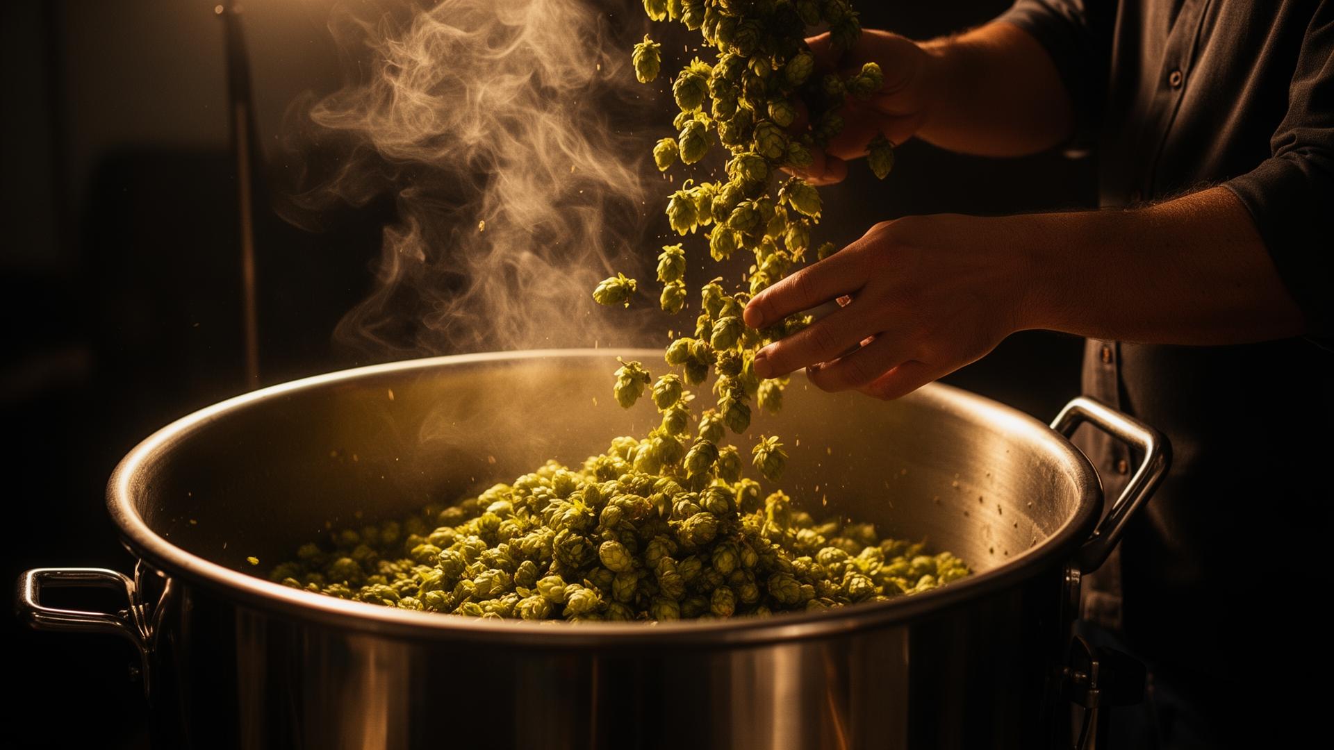 Hands pouring fresh hops into a steaming brew kettle