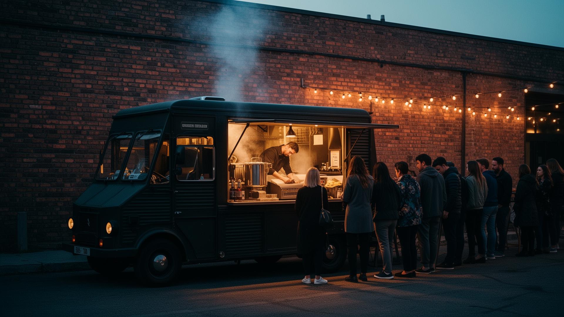 Food truck parked outside Ironwood Brewing at dusk